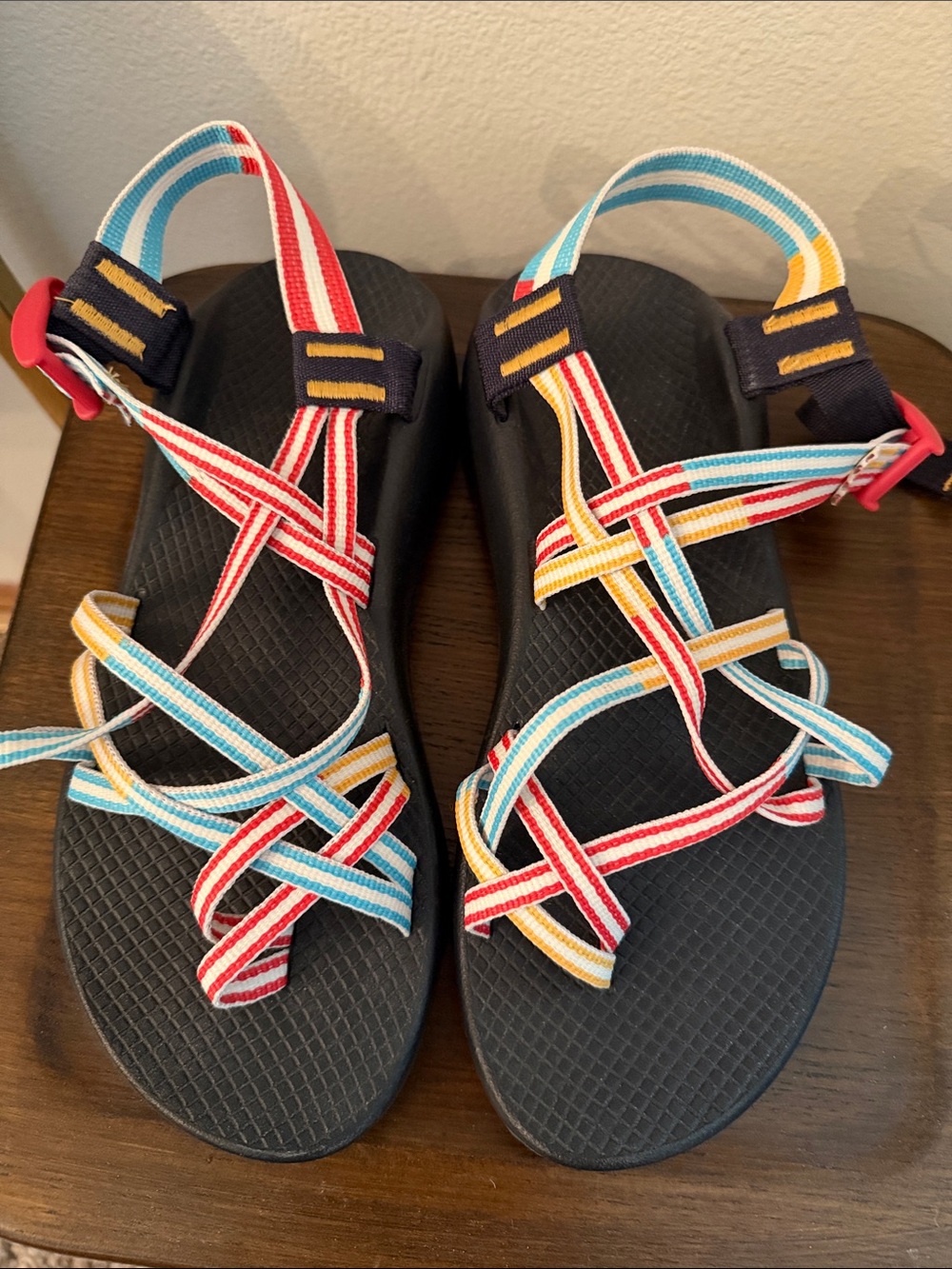 Brand new Chaco Multicolor Strappy Sandals with Black Footbed